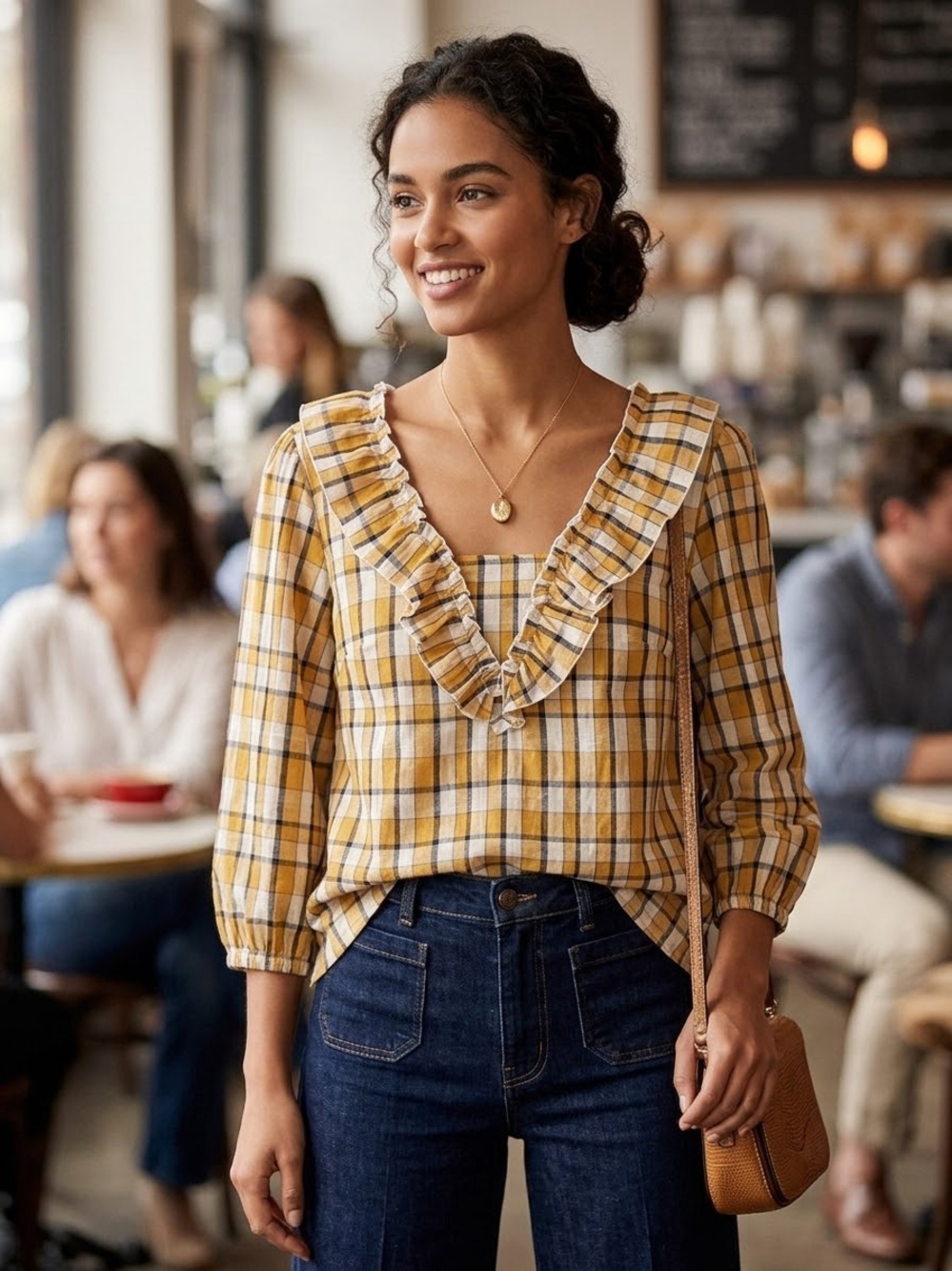 Suzanne Betro Yellow Plaid Ruffle V-Neck Blouse